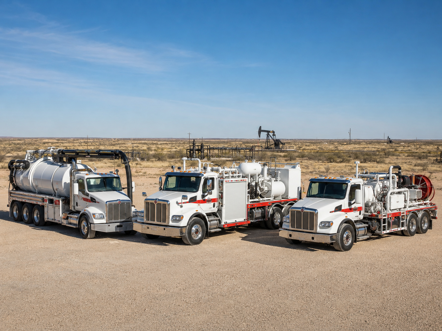 Pipeline support fleet including vacuum, nitrogen, and pressure-testing trucks